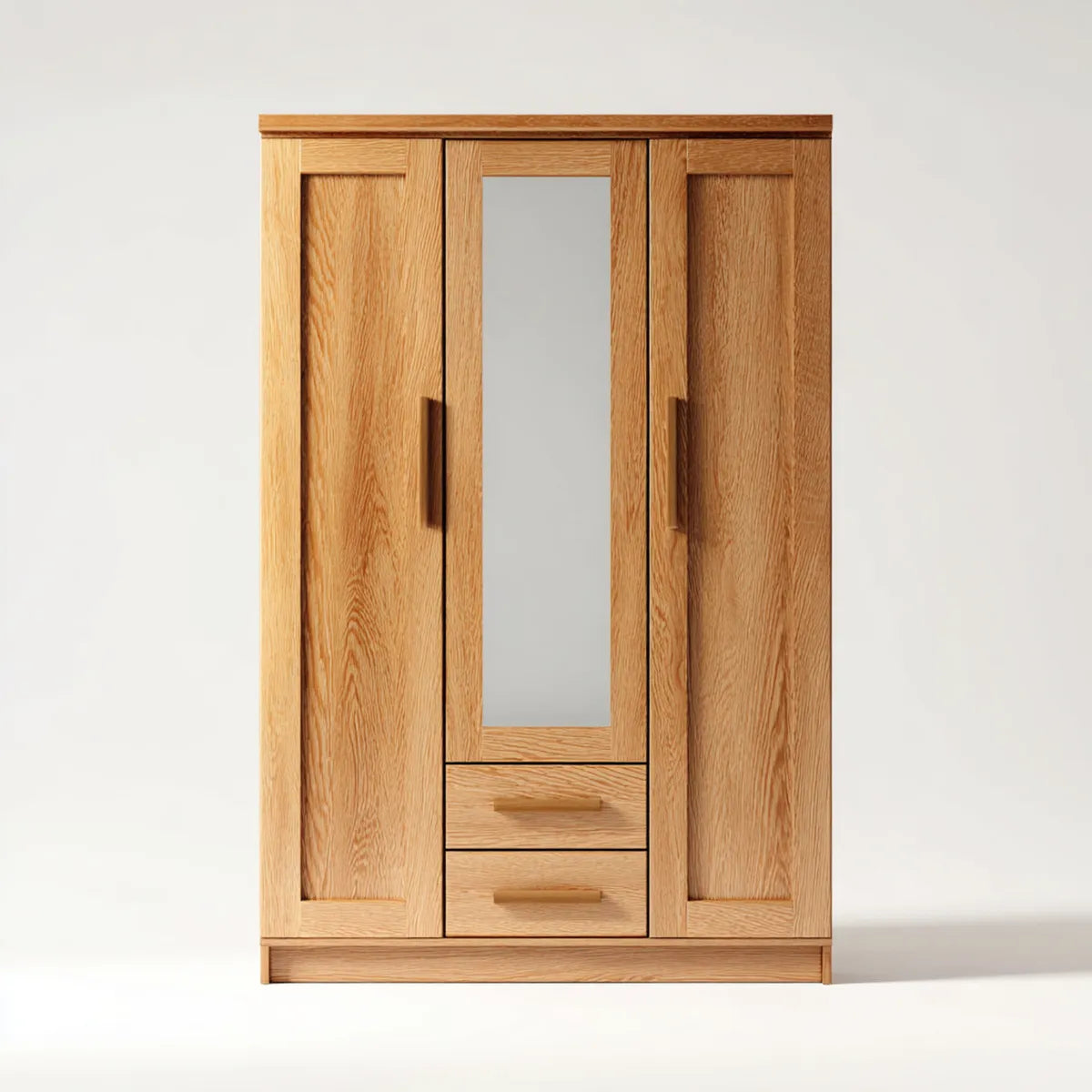 Drehtürenschrank Eiche natur 120 x 52 x 200 cm Massivholz rechteckig mit Spiegel und 2 Schubladen