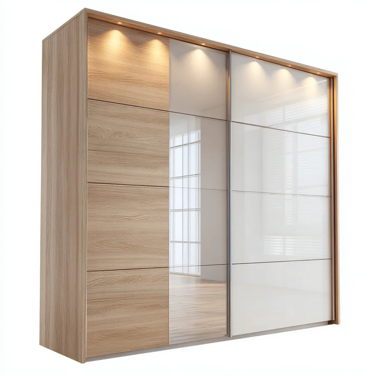 Schwebetürenschrank Eiche Natur Taupe Weiß 250 x 60 x 220 cm Spanplatte Glas rechteckig