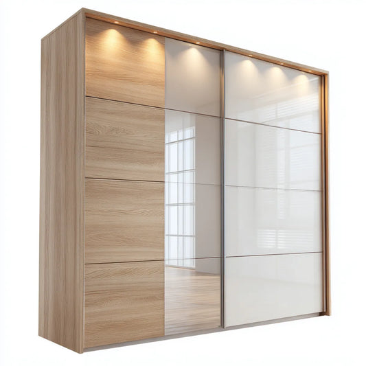 Schwebetürenschrank Eiche Natur Taupe Weiß 250 x 60 x 220 cm Spanplatte Glas rechteckig