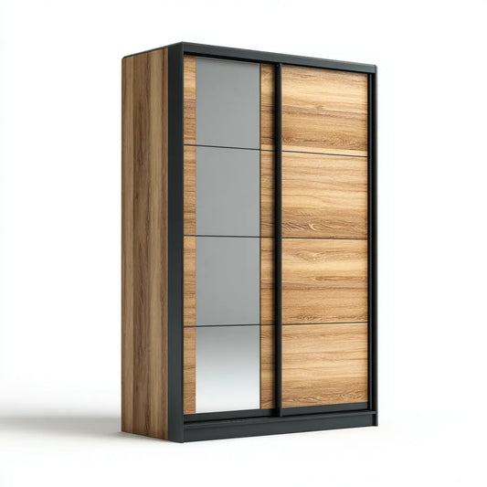 Schwebetürenschrank mit Spiegel Eichefarben Schwarz 150 x 200 x 60 cm aus melaminharzbeschichteter Spanplatte rechteckig